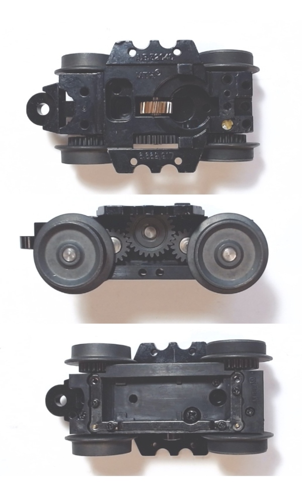 	 4-WHEEL TRUCK / POWERED / 3/2 FEATURE / REAR / BOTTOM MOUNT FRAMES / 2 HOLE PILOT MOUNT / 3-RAIL WHEELS / 52.5mm WHEEL BASE / USE BI-2100001 MOTOR MOUNT / USE MOTORS W/MD001-M8 WORM