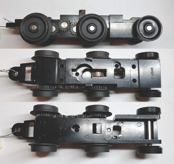 6-WHEEL TRUCK / POWERED / LONG FRONT / TOP MOUNT FRAMES / FORWARD MOTOR MOUNT / TAPPED FOR TETHER PCB / USE BI-2100000 MOTOR MOUNT / USE MOTORS W/MD105-M38 WORM 