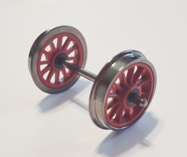 WHEEL & AXLE ASSEMBLY / 2-RAIL / W/SPOKES / RED & NICKEL / PREMIER BR44