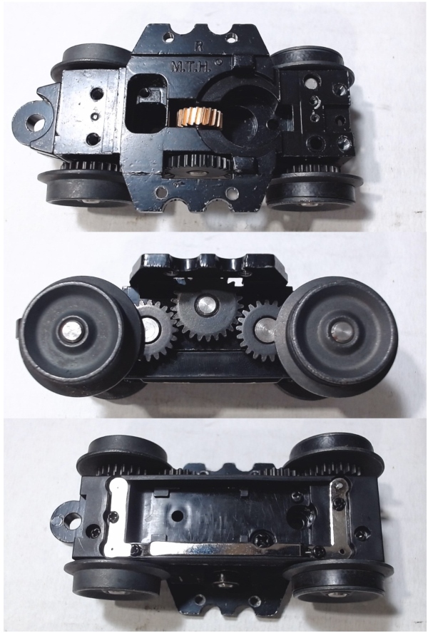 4-WHEEL TRUCK / POWERED / 3/2 FEATURE / REAR / BOTTOM MOUNT FRAMES / 2 HOLE PILOT MOUNT / 3-RAIL WHEELS / 57.4mm WHEEL BASE /  USE BI-0000009 MOTOR MOUNT / USE MOTORS W/MD001-M8 WORM
