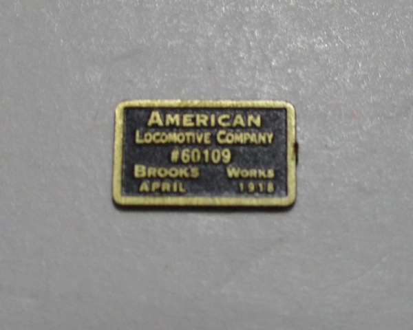 BUILDER PLATE / RECTANULAR / ALCO BROOKS WORKS #60109 / APRIL 1916 / PREMIER 0-8-0