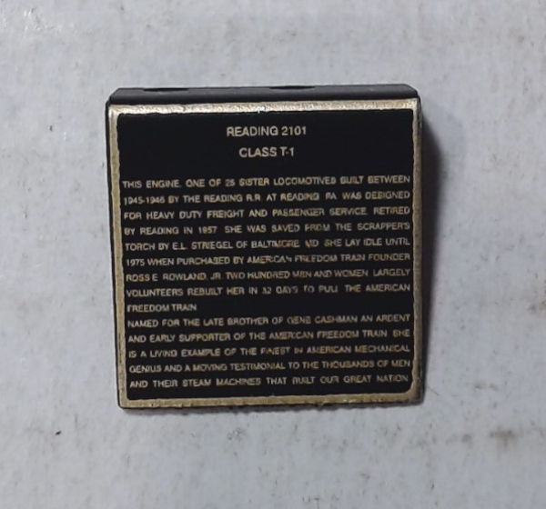 NAME PLATE / READING 2101 CLASS T-1 / INFORMATION PLACARD / PREMIER T-1 4-8-4