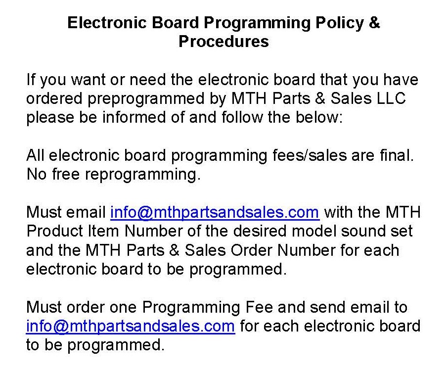 FEE TO PROGRAM MTH PS3 CIRCUIT BOARD (NON-REFUNDABLE) SEE PHOTO FOR INSTRUCTIONS