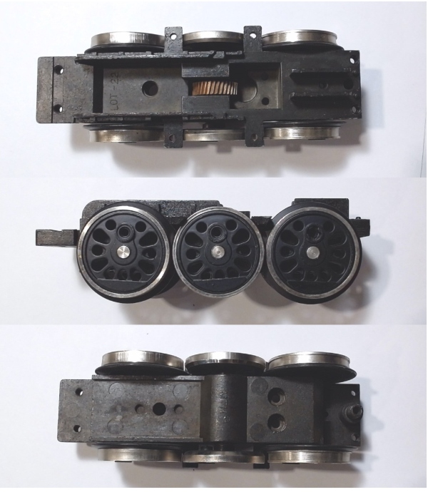 DRIVE BLOCK / 3-AXLE / REAR / W/NICKEL RIMS / PS1 / USE MOTOR WITH MS001-M32 WORM / USE B1-1200002 MOTOR MOUNT / RAILKING CHALLENGER