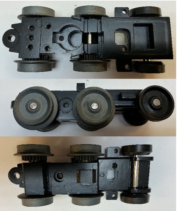 6-WHEEL TRUCK / NON-POWERED / SHORT FRONT / TOP MOUNT FRAMES / 1 OR 2 HOLE PILOT MOUNT / FORWARD MOTOR MOUNT / USE BI0000009 MOTOR MOUNT