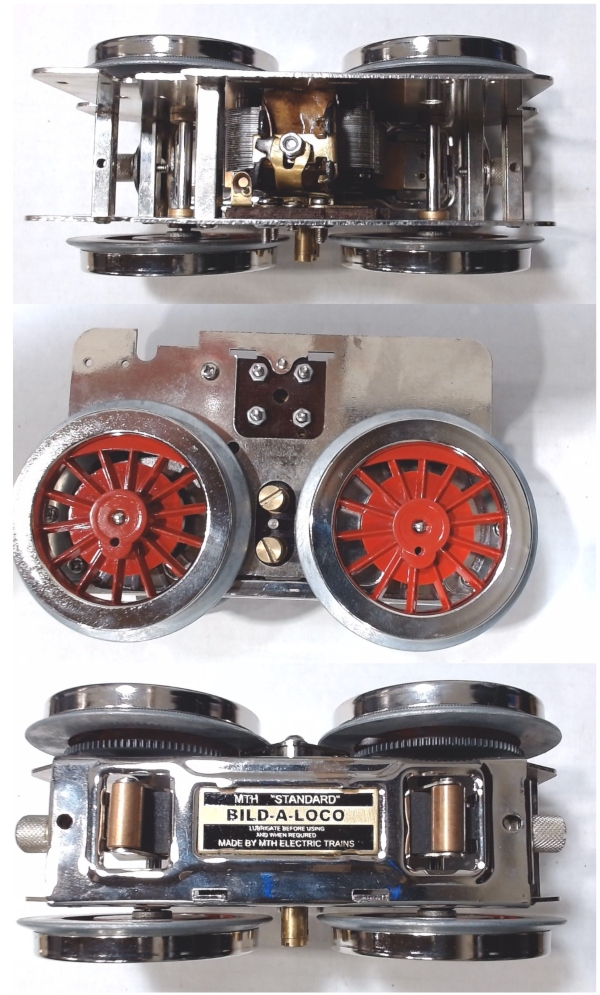 MOTOR BLOCK / COMPLETE / W/O E-UNIT / RED SPOKED WHEELS / SMALL HOLES / TINPLATE STANDARD GAUGE BUILD-A-LOCO / 384 / 390 / 1384E / 2390E