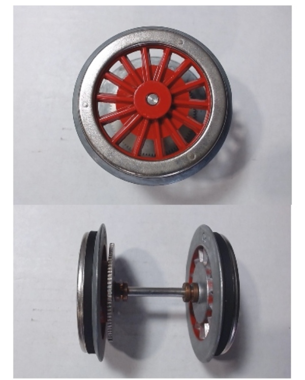 WHEEL & AXLE ASSEMBLY / RED SPOKED CENTERS / NICKEL RIMS / W/TRACTION TIRES / TINPLATE STANDARD GAUGE 381 / 408 / 318 / 9 