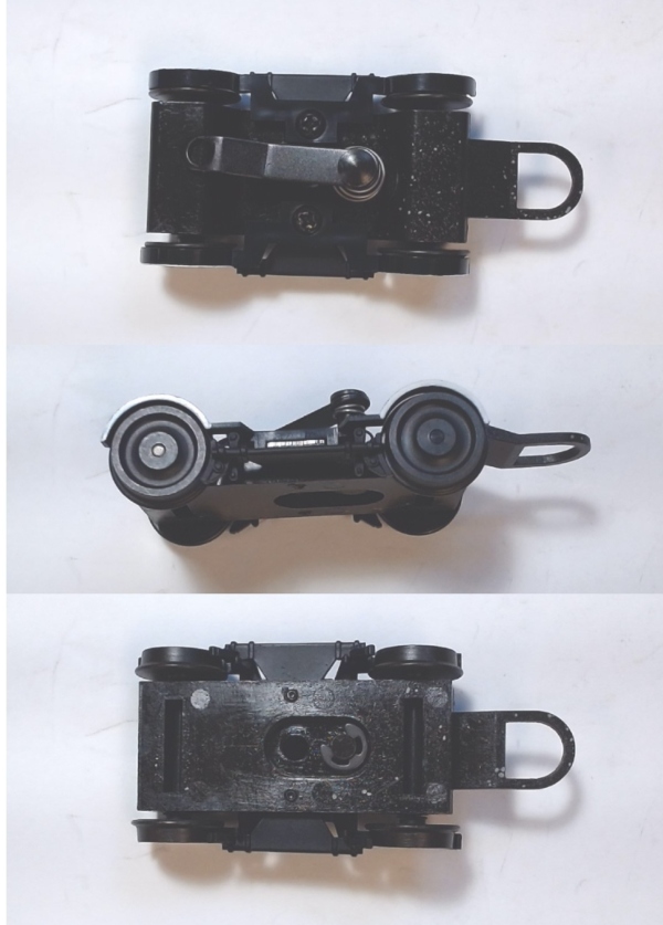 4-WHEEL PILOT TRUCK / 2-RAIL / BLACK SOLID WHEELS / BLACK RIMS / WHITE TRIMMED FENDERS / PREMIER AMERICAN & ESE 4-4-0