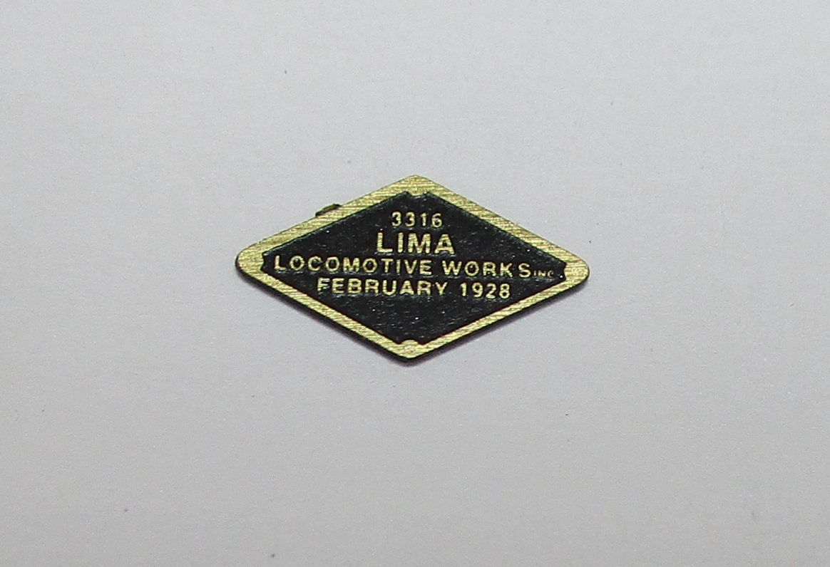BUILDER PLATE / LIMA / FEBRUARY 1928 / DIAMOND SHAPE / PREMIER 3-TRUCK & 4-TRUCK SHAY