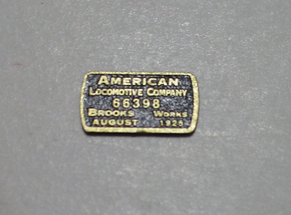 BUILDER PLATE / RECTANULAR / ALCO BROOKS WORKS #66398 / AUGUST 1926 / PREMIER 0-8-0