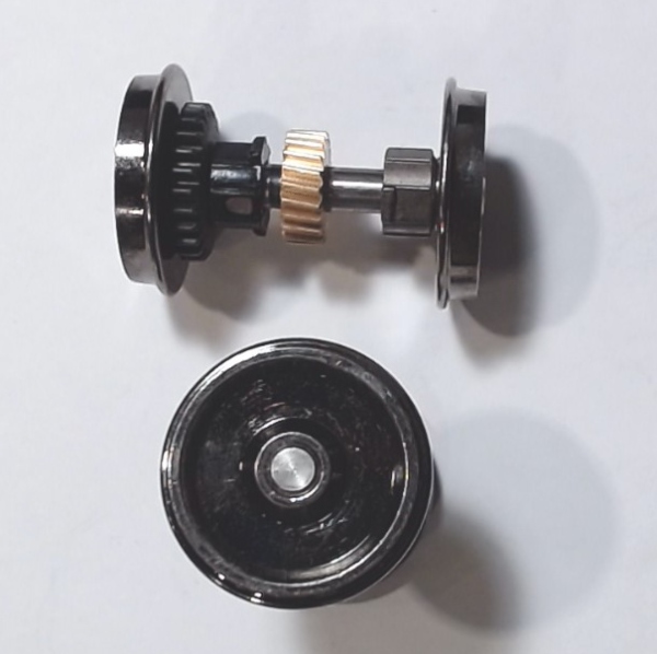 WHEEL & AXLE ASSEMBLY / 2-RAIL / W/HELICAL GEAR / INSULATOR AGAINST GEAR / 3/2 FEATURE TRUCKS