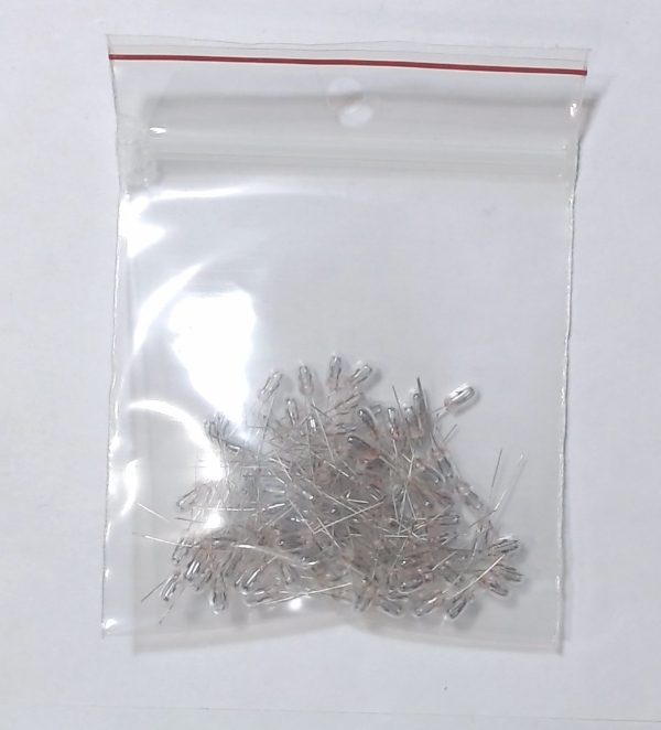 LAMP / 18V 60ma / BI-PIN / W/O PLASTIC BASE / 3mm DIAM. X 6.30MM L / GRAIN OF WHEAT /. PACKAGE OF 100 (SEPARATE SALE PRICE; $1.20)