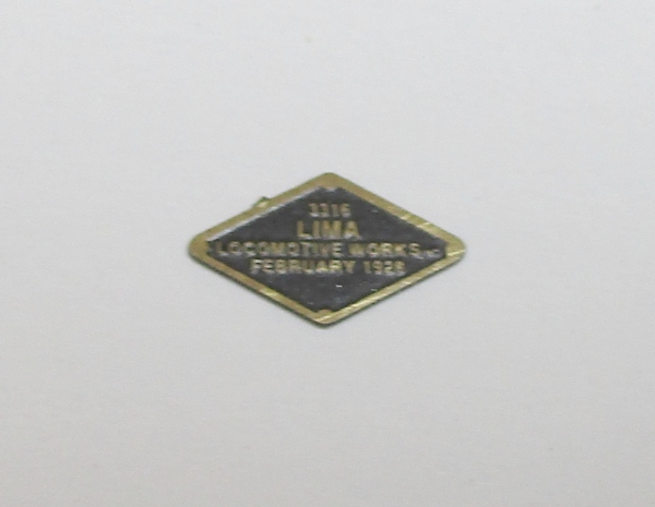 BUILDER PLATE / LIMA / FEBRUARY 1928 / DIAMOND SHAPE / PREMIER 3-TRUCK & 4-TRUCK SHAY