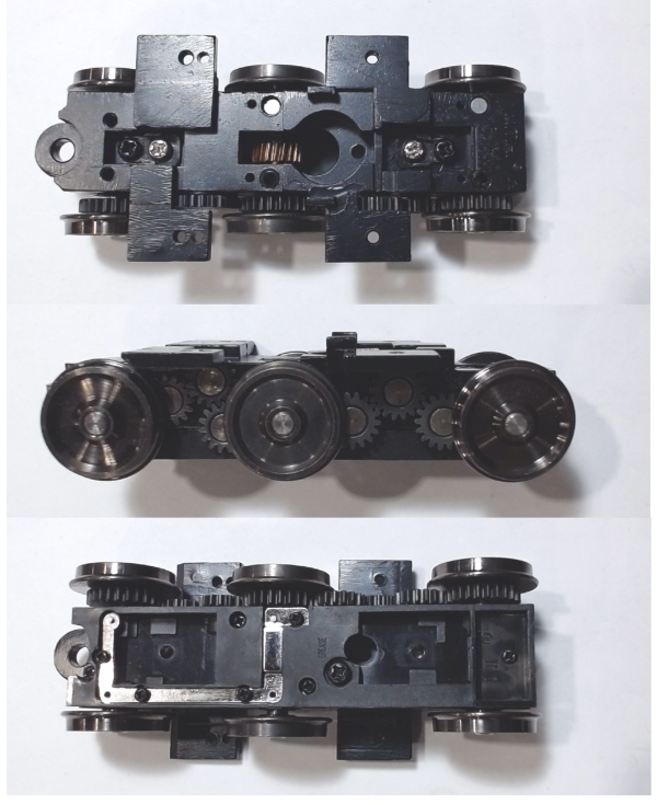 6-WHEEL TRUCK / POWERED / 3/2 FEATURE / REAR /  BOTTOM MOUNT FRAMES / 2-RAIL WHEELS / USE BI-0000027 MOTOR MOUNT / USE MOTORS W/MD105-M38 WORM / PREMIER FM TRAINMASTER