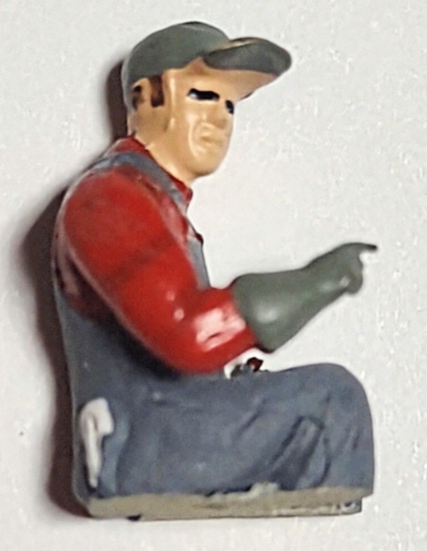 FIGURE / BRAKEMAN / SEATED / RED SHIRT & OVERALLS / BALL CAP /SANDED IN HALF / PREMIER AMERICAN & ESE 4-4-0
