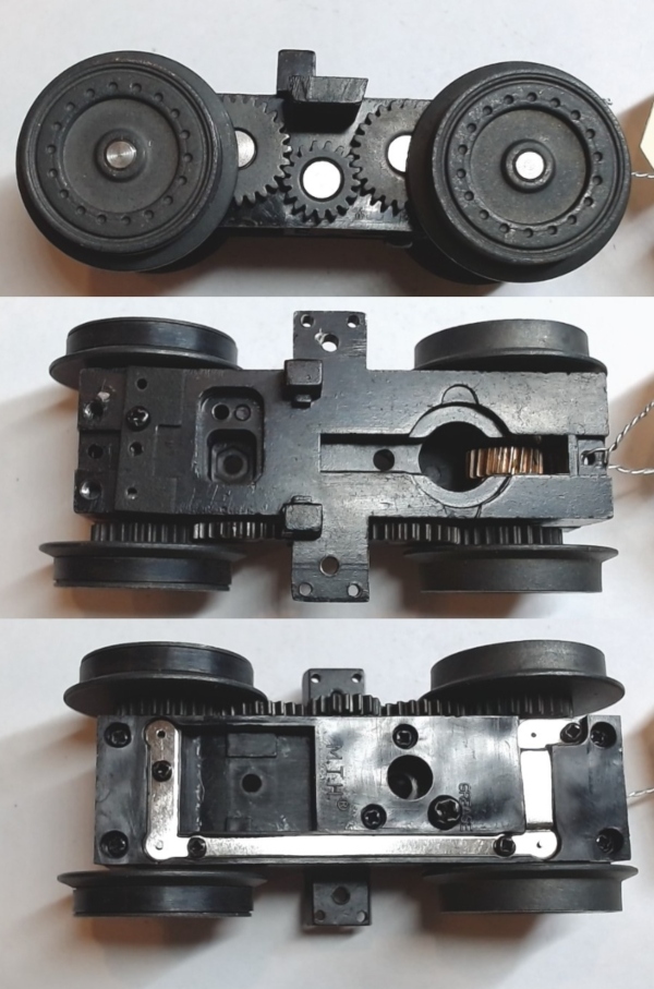 4-WHEEL TRUCK / POWERED / 3/2 FEATURE / FRONT / STUDDED WHEELS / BOTTOM MOUNT FRAMES / 2 HOLE PILOT MOUNT / 3-RAIL WHEELS / USE BE-3103022001 MOTOR MOUNT / USE MOTORS W/MD001-M8 WORM