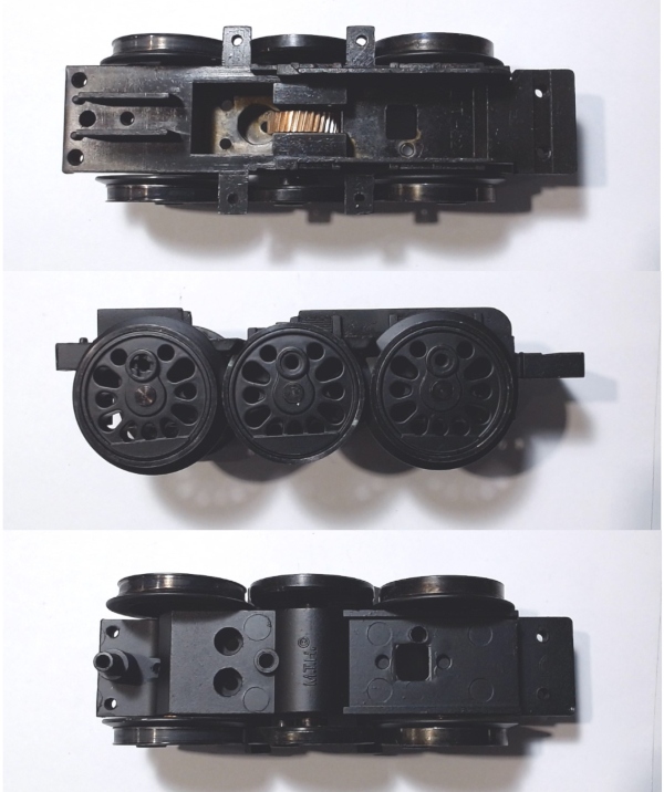 DRIVE BLOCK / 3-AXLE / REAR / W/BLACKENED RIMS / PS2 & 3 / USE MOTOR WITH MS001-M32 WORM / USE B1-1200002 MOTOR MOUNT / RAILKING CHALLENGER 