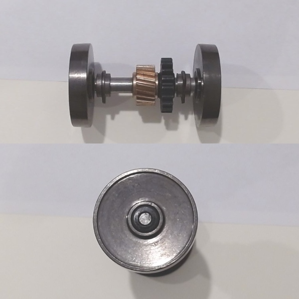 WHEEL & AXLE ASSEMBLY / BLIND CENTER / W/HELICAL GEAR & BEARINGS / RAILKING ONE GAUGE SD70M & ES44AC