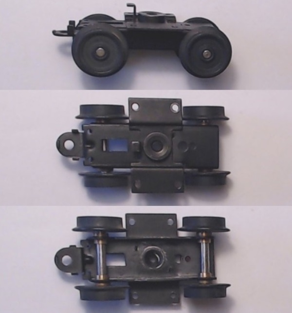 4-WHEEL TRUCK / NON-POWERED / SHORT FRONT / TOP MOUNT FRAMES / STAMPED METAL FRAME / TAPPED FOR TETHER PCB 
