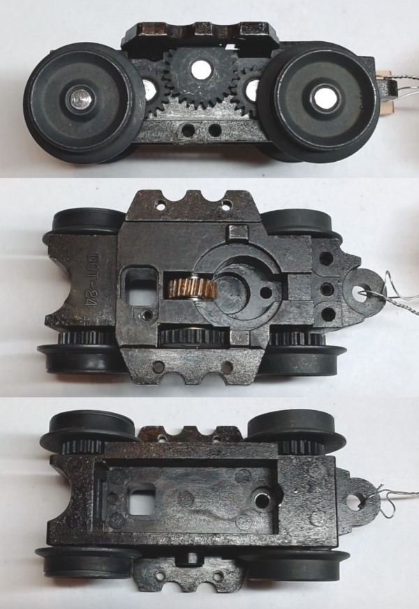 4-WHEEL TRUCK / POWERED / SHORT FRONT / BOTTOM MOUNT FRAMES / 2 HOLE PILOT MOUNT / TAPPED FOR TETHER PCB / USE BI-0000005 MOUNT / USE MOTOR W/MD001-M8 WORM / ALT# DA-2100022 / MP15