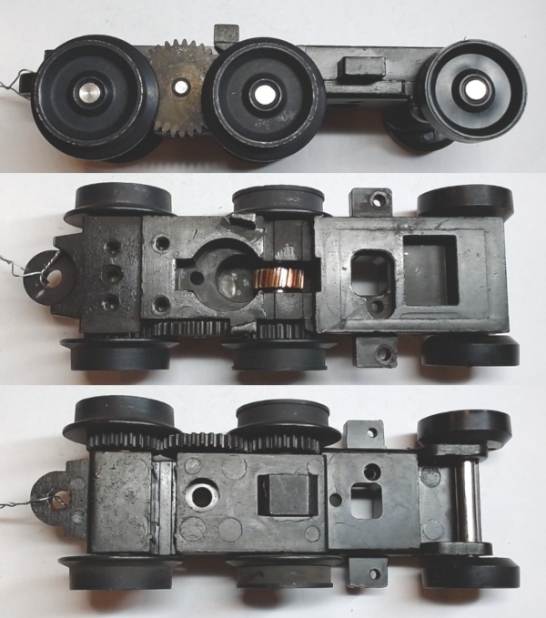 6-WHEEL TRUCK / POWERED / SHORT FRONT / TOP MOUNT FRAMES / 2 HOLE PILOT MOUNT / FORWARD MOTOR MOUNT / USE BI-0000009 MOTOR MOUNT / USE MOTORS W/MD105-M38 WORM