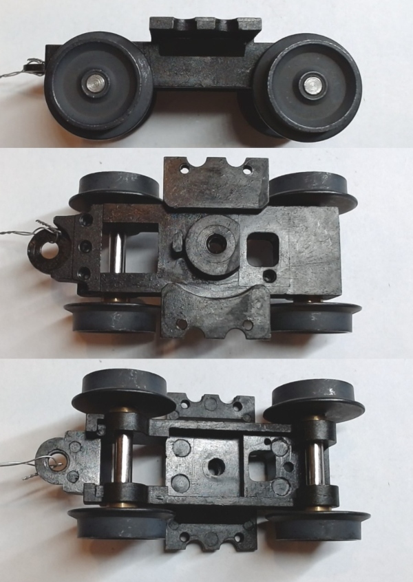 4-WHEEL TRUCK / NON-POWERED / OPEN / SHORT FRONT / BOTTOM MOUNT FRAMES / 2 HOLE PILOT MOUNT / TAPPED FOR PCB TETHER / SMOOTH COUPLER MOUNT