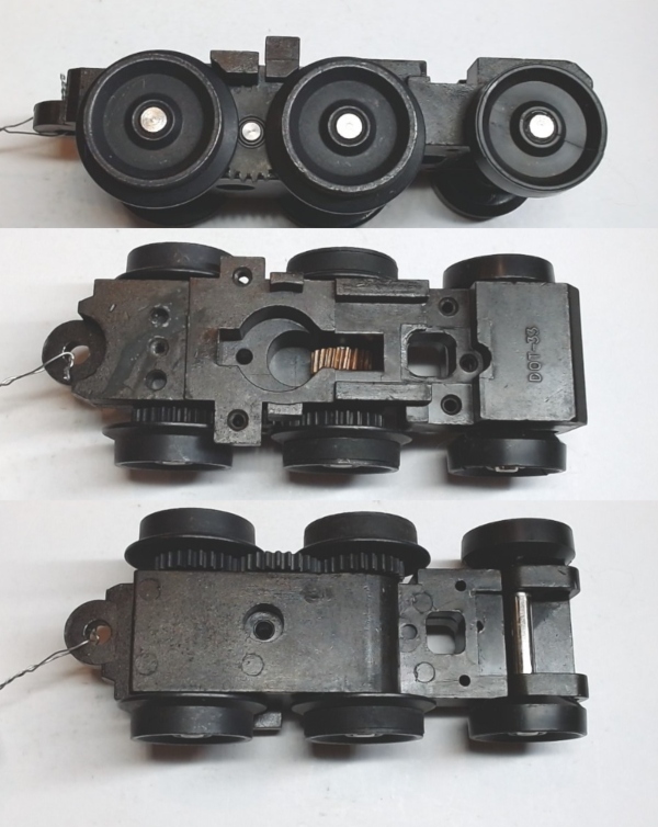 6-WHEEL TRUCK / POWERED / SMALL / LONG FRONT / TOP MOUNT FRAMES / 1 HOLE PILOT MOUNT / USE BI-00000009 MOTOR MOUNT / USE MOTOR WITH MD107-M36 WORM 