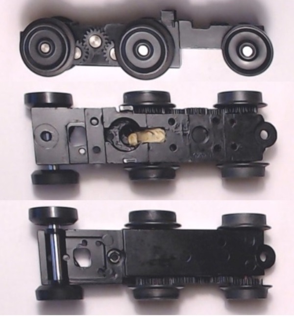 6-WHEEL TRUCK / POWERED / LONG FRONT / TOP MOUNT FRAMES / 2 HOLE PILOT MOUNT / REAR MOTOR MOUNT / TAPPED FOR TETHER PCB / USE BI-0000005 MOTOR MOUNT / USE MOTORS W/MD105-M38 WORM