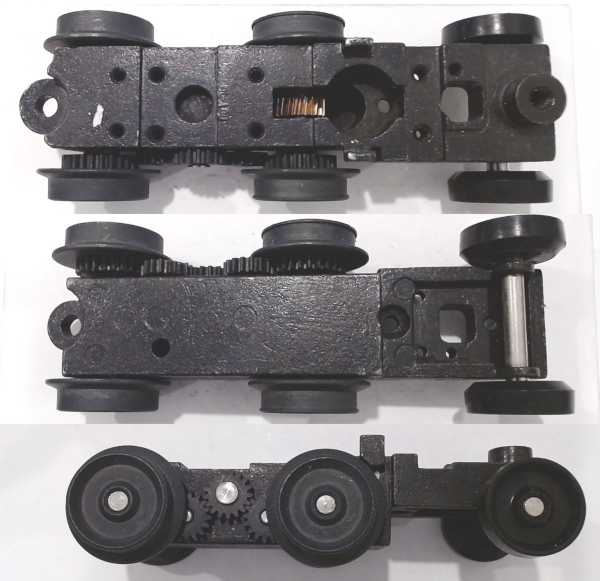 6-WHEEL TRUCK / POWERED / TOP MOUNT FRAMES / LONG FRONT / TAPPED FOR TETHER PCB / REAR MOTOR MOUNT / USE BI-0000048 MOTOR MOUNT / USE MOTORS W/MD107-M36 WORM