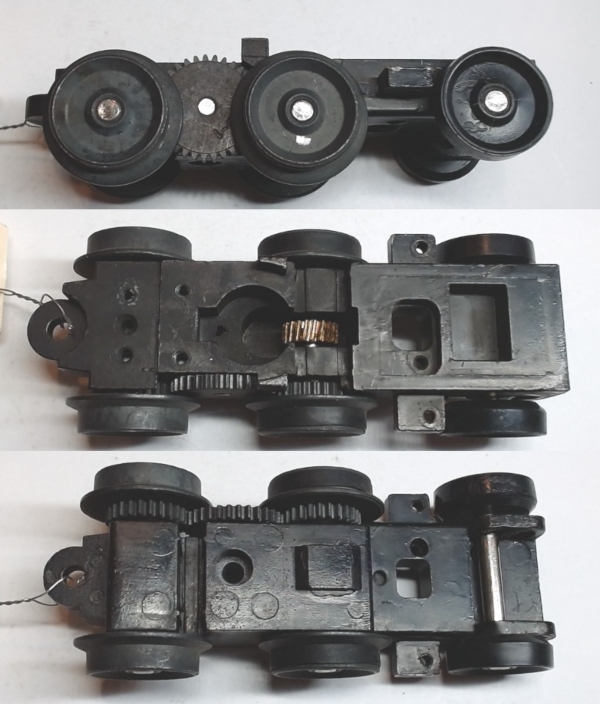 6-WHEEL TRUCK / POWERED / SHORT FRONT / TOP MOUNT FRAMES / 2 HOLE PILOT MOUNT / FORWARD MOTOR MOUNT / USE BI-0000015 MOTOR MOUNT / USE MOTORS W/MD105-M38A WORM