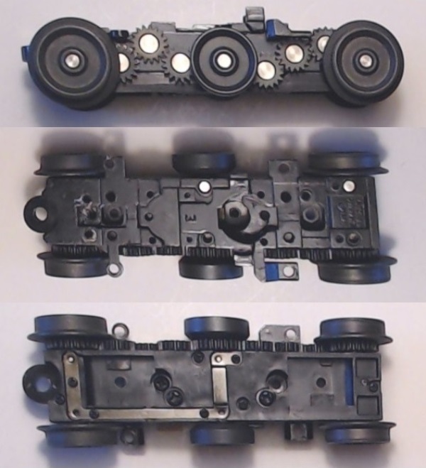 6-WHEEL TRUCK / POWERED / 3/2 FEATURE / 45.7mm WHEEL SPACING / RH / BOTTOM MOUNT FRAMES / REVERSIBLE MOTOR POSITION / USE BI-0000027 MOTOR MOUNT / USE MOTORS W/MD105-M38 WORM