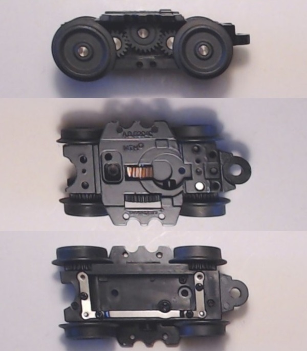 4-WHEEL TRUCK / POWERED / 3/2 FEATURE / REAR / BOTTOM MOUNT FRAMES / 2 HOLE PILOT MOUNT / 3-RAIL WHEELS / 52mm WHEEL BASE / USE BI-3100000 MOTOR MOUNT / USE MOTORS W/MD001-M8 WORM