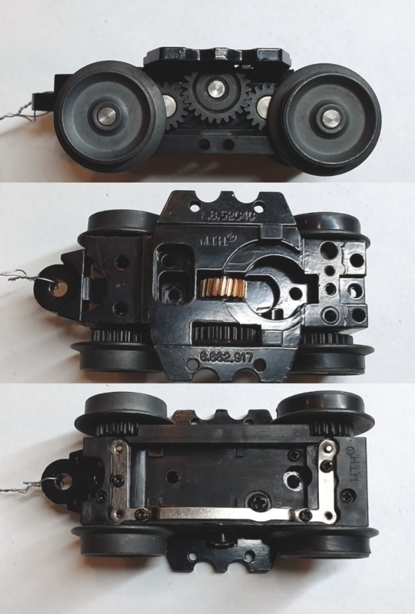 4-WHEEL TRUCK / POWERED / 3/2 FEATURE / FRONT / BOTTOM MOUNT FRAMES / 2 HOLE PILOT MOUNT / 3-RAIL WHEELS / 52mm WHEEL BASE / USE BI-2100001 MOTOR MOUNT / USE MOTORS W/MD001-M8 WORM