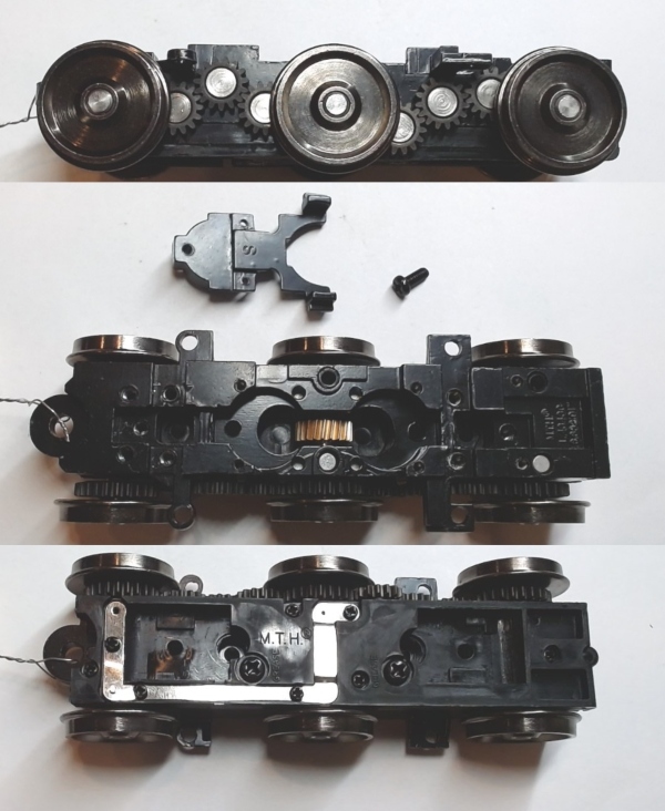 6-WHEEL TRUCK / POWERED / 3/2 FEATURE / 42.8mm WHEEL SPACING / LH / BOTTOM MOUNT FRAMES / 2-RAIL WHEELS / FREVERSIBLE MOTOR MOUNT / USE BI-0000027 MOTOR MOUNT / USE MOTORS W/MD105-M38 WORM