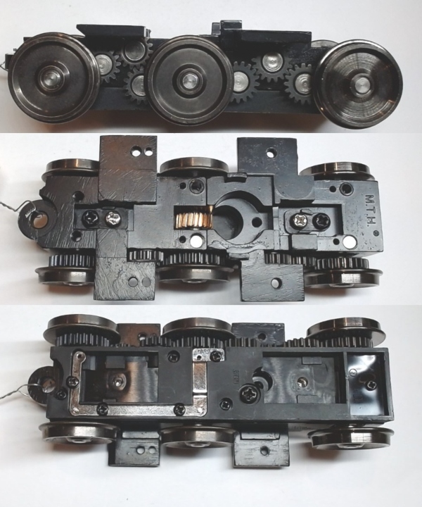 6-WHEEL TRUCK / POWERED / 3/2 FEATURE / FRONT / BOTTOM MOUNT FRAMES / 2-RAIL WHEELS / REAR MOTOR MOUNT / USE BI-0000027 MOTOR MOUNT / USE MOTORS W/MD105-M38 WORM / PREMIER FM TRAINMASTER