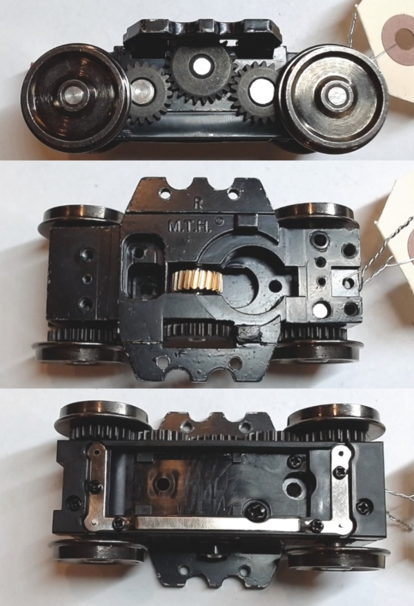 4-WHEEL TRUCK / POWERED / 3/2 FEATURE / FRONT / BOTTOM MOUNT FRAMES / 2 HOLE PILOT MOUNT / 2-RAIL WHEELS / USE BI-0000009 MOTOR MOUNT / USE MOTORS W/MD001-M8 WORM