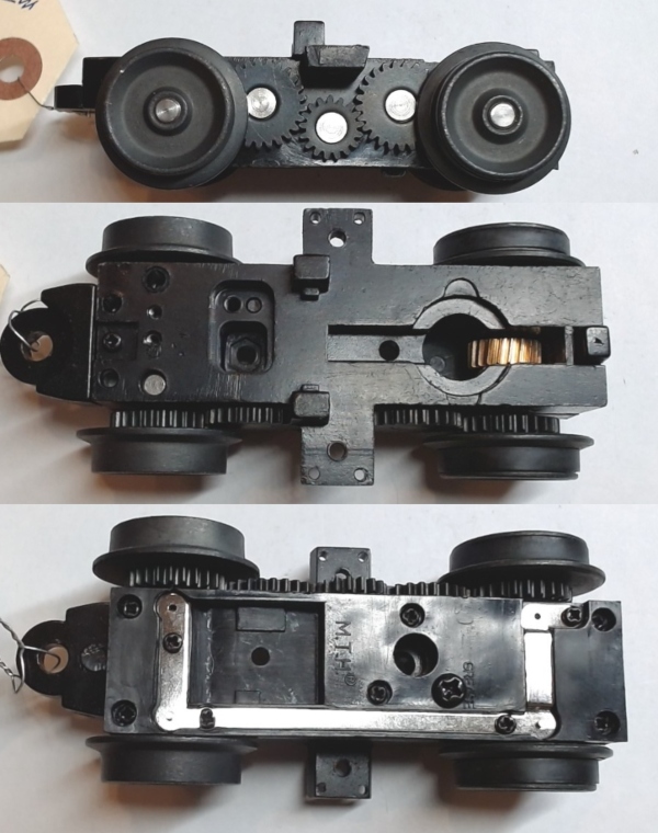 4-WHEEL TRUCK / POWERED / 3/2 FEATURE / BOTTOM MOUNT FRAMES  / 2 HOLE PILOT MOUNT / 3-RAIL WHEELS / USE BE-3103022001 MOTOR MOUNT / USE MOTORS W/MD001-M8 WORM