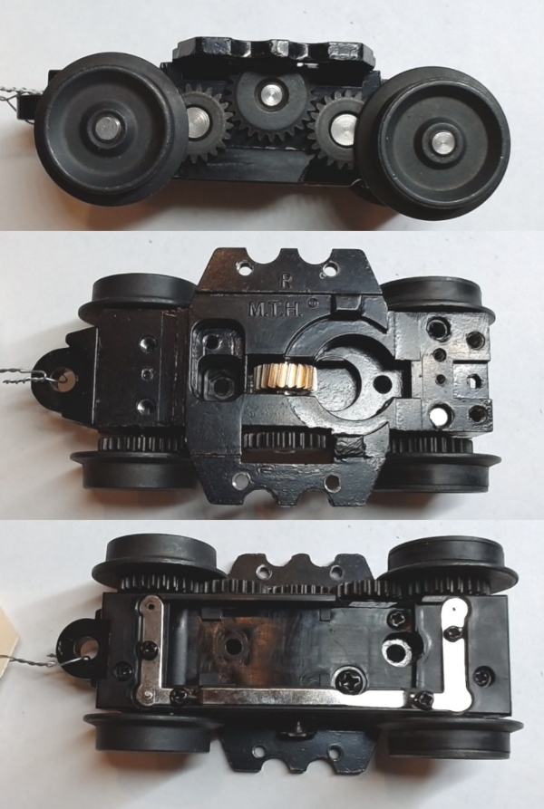 4-WHEEL TRUCK / POWERED / 3/2 FEATURE / FRONT / BOTTOM MOUNT FRAMES / 2 HOLE PILOT MOUNT / 3-RAIL WHEELS / 57.4mm WHEEL BASE / USE BI-2100001 MOTOR MOUNT / USE MOTORS W/MD001-M8 WORM