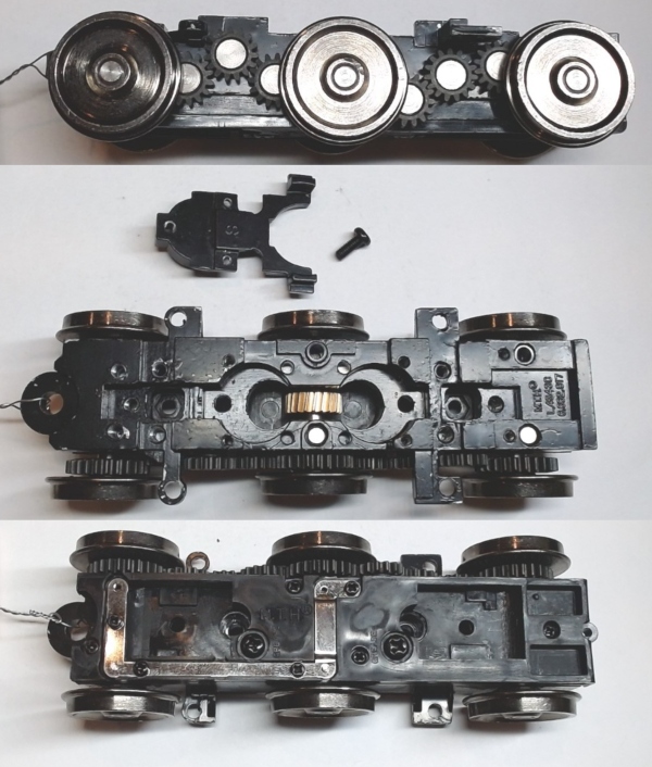 6-WHEEL TRUCK / POWERED / 3/2 FEATURE / 42.8mm WHEEL SPACING / LH / BOTTOM MOUNT FRAMES / 2-RAIL WHEELS / REVERSIBLE MOTOR MOUNT / USE BI-0000027 MOTOR MOUNT / USE MOTORS W/MD105-M38 WORM