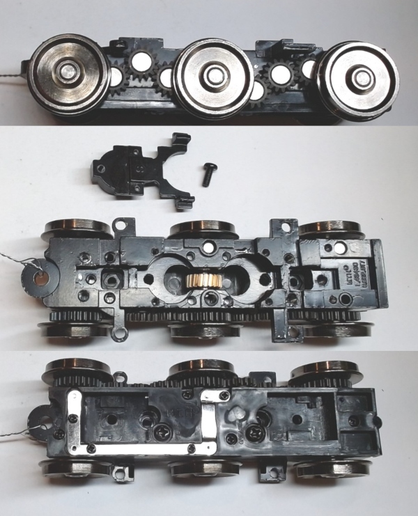 6-WHEEL TRUCK / POWERED / 3/2 FEATURE / 42.8mm WHEEL SPACING / RH / BOTTOM MOUNT FRAMES / 2-RAIL WHEELS / REVERSIBLE MOTOR MOUNT / USE BI-0000027 MOTOR MOUNT / USE MOTORS W/MD105-M38 WORM