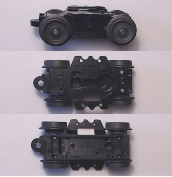 4-WHEEL TRUCK / NON-POWERED / 3/2 FEATURE / BOTTOM MOUNT FRAMES / 2 HOLE PILOT MOUNT / 3-RAIL WHEELS / REAR MOTOR MOUNT / USE BE-3103022001 MOTOR MOUNT 