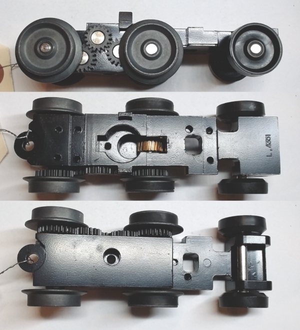 6-WHEEL TRUCK / POWERED / SHORT FRONT / TOP MOUNT FRAMES / 2 HOLE PILOT MOUNT / FORWARD MOUNT MOTOR / USE BI-2200002 MOTOR MOUNT / USE MOTORS W/MD105-M38 WORM