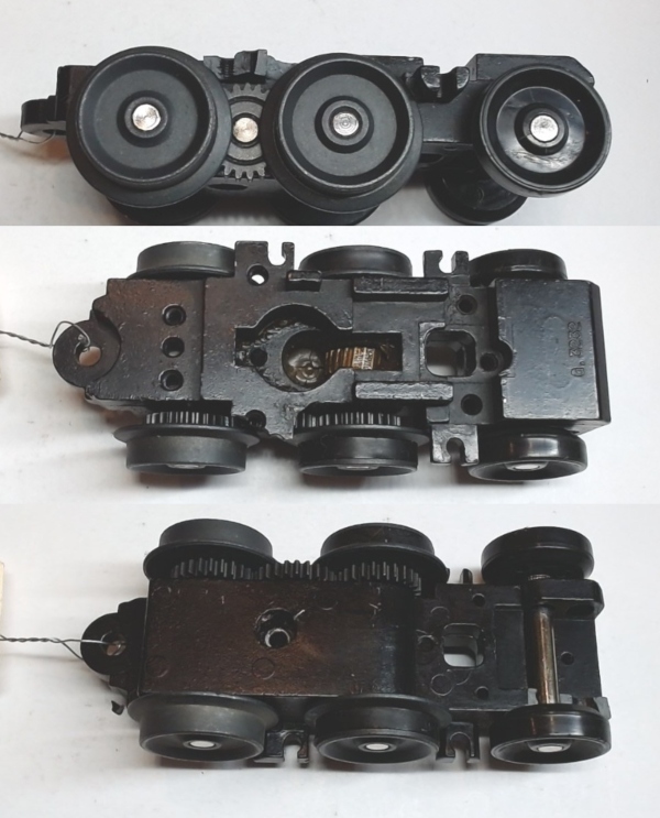 6-WHEEL TRUCK / POWERED / SMALL / LONG FRONT / BOTTOM MOUNT FRAMES / FORWARD MOTOR MOUNT / TAPPED FOR TETHER PCB / USE BI-0000009 MOTOR MOUNT / USE MOTORS W/MD107-M36 WORM