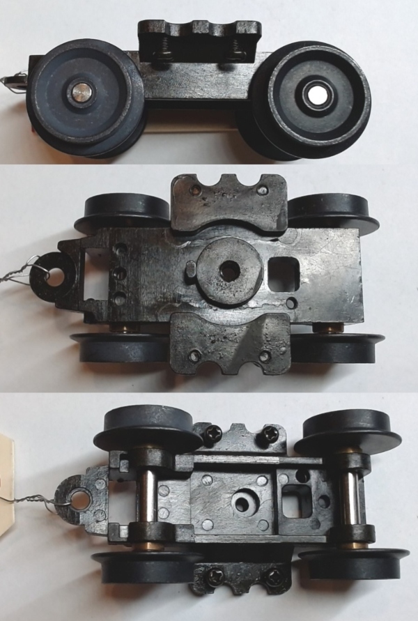 4-WHEEL TRUCK / NON-POWERED / OPEN / LONG FRONT / BOTTOM MOUNT FRAMES / 1 HOLE PILOT MOUNT / TAPPED FOR PCB TETHER / SMOOTH COUPLER MOUNT