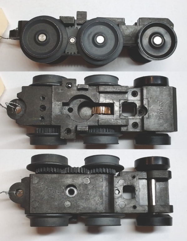 6-WHEEL TRUCK / POWERED / SMALL / LONG FRONT / TOP MOUNT FRAMES / 2 HOLE PILOT MOUNT / FORWARD MOTOR MOUNT / USE BI-0000009 MOTOR MOUNT / USE MOTORS W/MD107-M36 WORM / DOT33