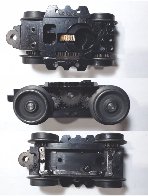 4-WHEEL TRUCK / POWERED / 3/2 FEATURE / FRONT / BOTTOM MOUNT FRAMES / 2 HOLE PILOT MOUNT / 3-RAIL WHEELS / 52mm WHEEL BASE / USE BI-2100001 MOTOR MOUNT / USE MOTORS W/MD001-M8 WORM 