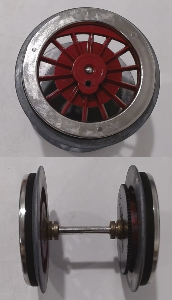 WHEEL & AXLE ASSEMBLY / SPOKED RED / WITH TRACTION TIRES / SMALL HOLE 4-40 / TINPLATE STANDARD GAUGE 384 / 390